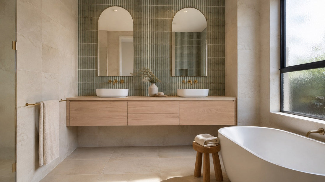 Ivory travertine look ensuite with sage green kit kat feature wall behind a double oak vanity