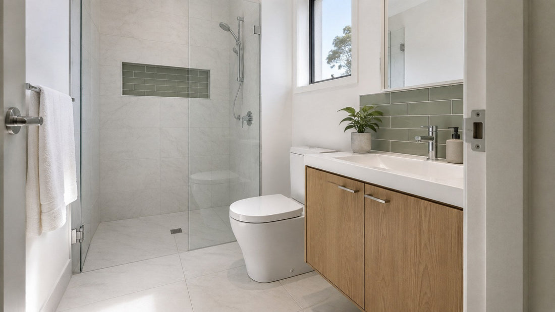 Bright white stone look bathroom with a sage green tiled shower niche and oak vanity