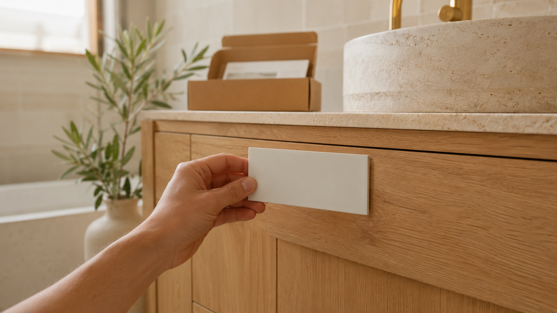 Holding a white tile sample against oak vanity cabinetry at home