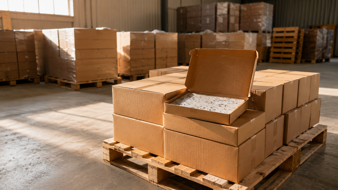 Tile boxes stacked on pallets in the Bloom Build warehouse