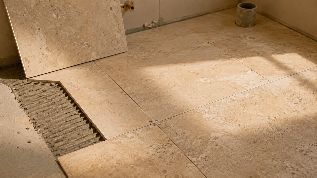 Measuring up a part-tiled bathroom floor with spacers during a renovation