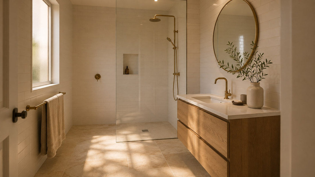 Warm travertine look ensuite with oak vanity and brushed brass tapware