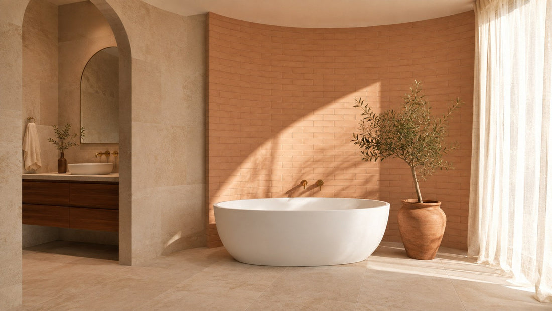 Mediterranean ensuite with curved peach terracotta feature wall behind a freestanding bath