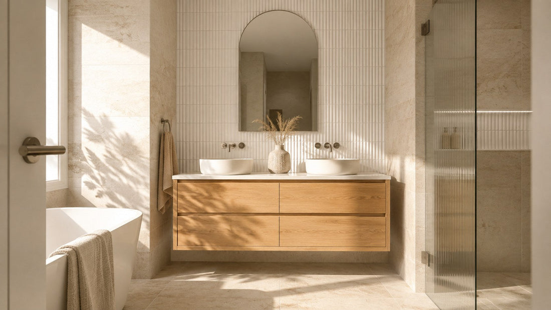 Sandy ivory travertine look coastal bathroom with white kit kat feature and oak vanity