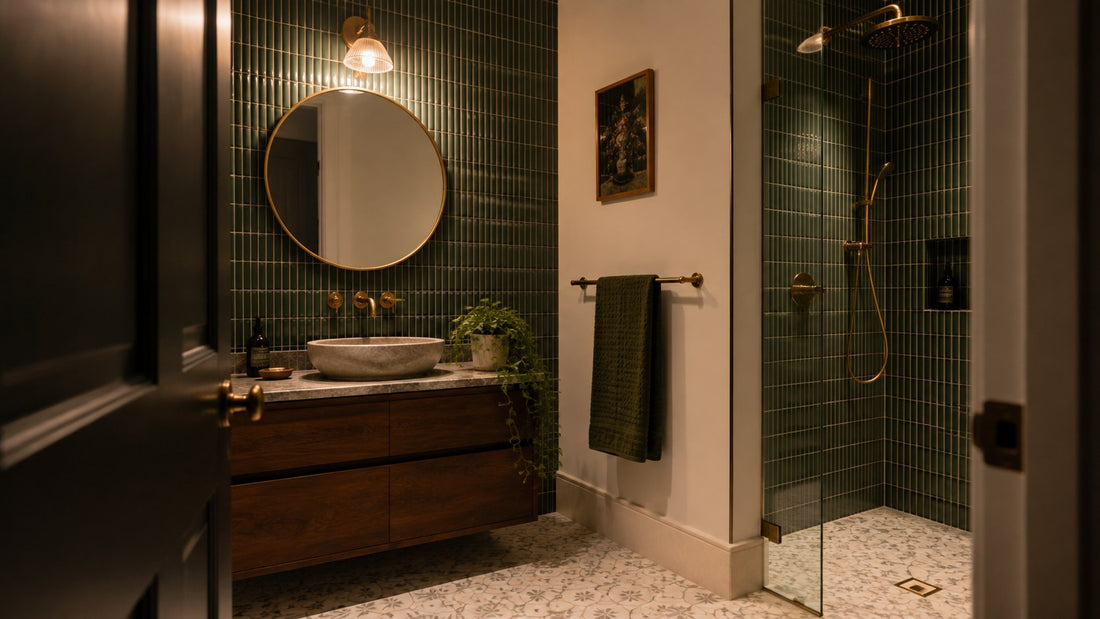Forest green kit kat feature wall and white patterned floor seen through an open bathroom door