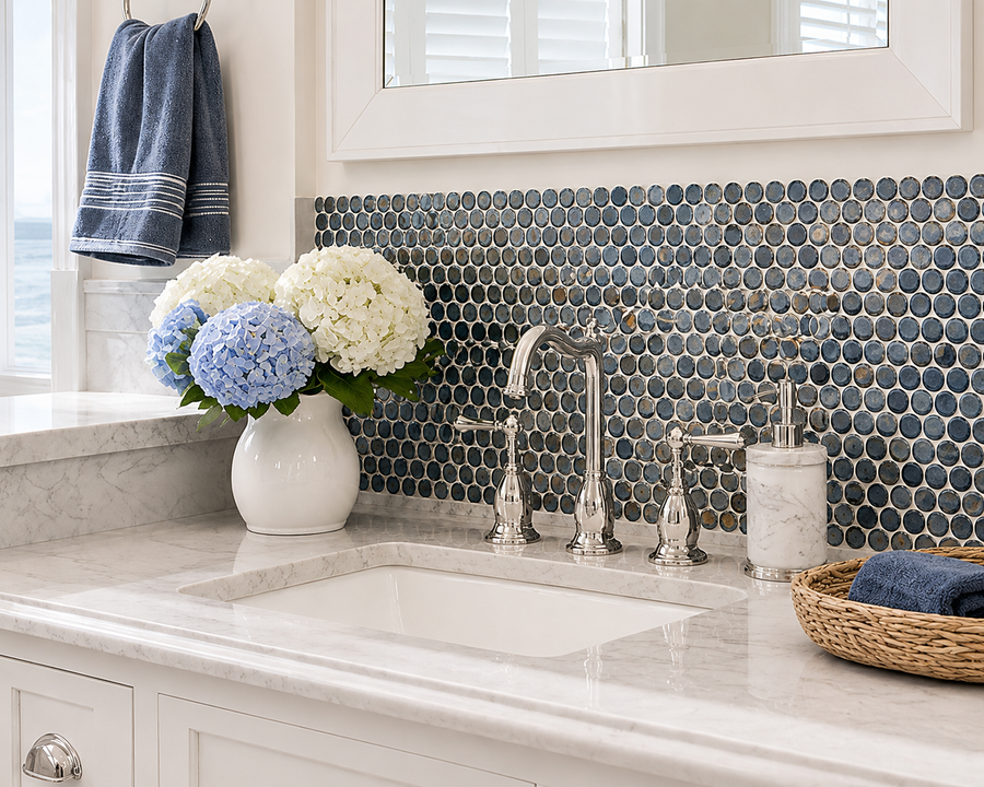 Margaret Dark Blue Mix Gloss Penny Round Mosaic Tile
