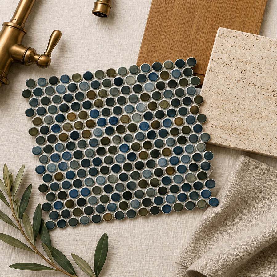 Margaret Dark Blue Mix Gloss Penny Round Mosaic Tile