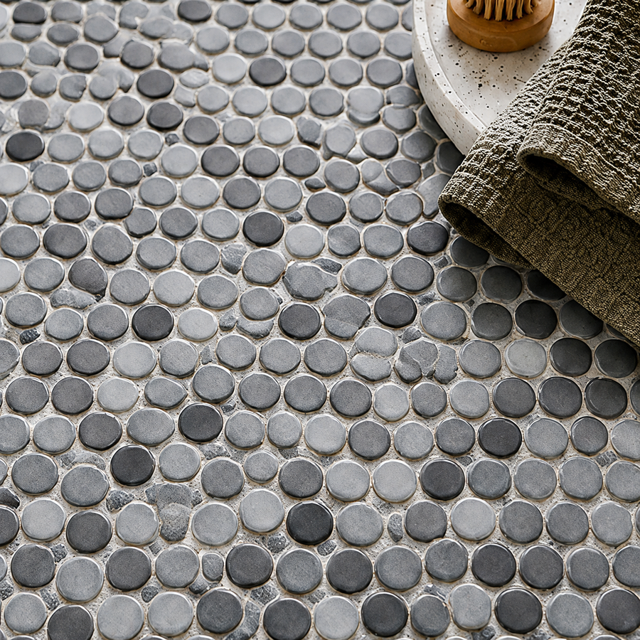 Margaret Grey Mix Gloss Penny Round Mosaic Tile