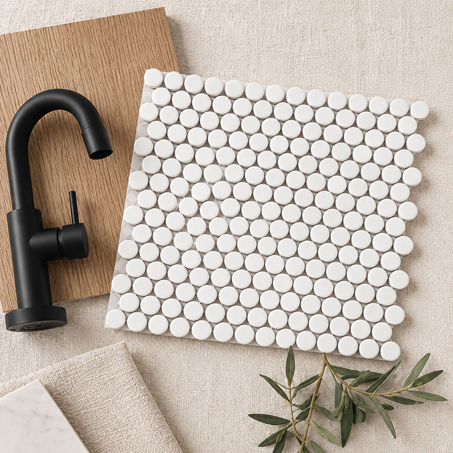 Margaret White Matte Penny Round Mosaic Tile